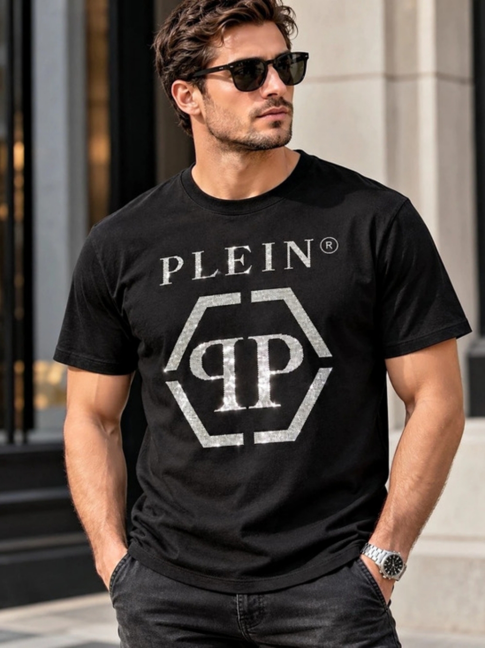 Philipp Plein SS Hexagon Crystal Logo T-Shirt Black & Silver XL